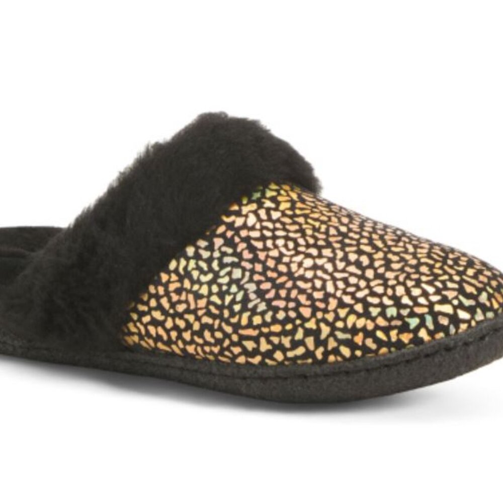 NWT SOREL Youth Nakiska Slide Black Gold Faux Fur Slippers (Little Kid,)
